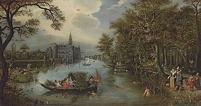 Summer: A river landscape with elegant company desporting in a boat and on the banks, a castle beyond
