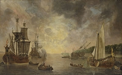 A harbour with a flute, a frigate firing a salute, a flute being careened and a States Yacht, with other shipping at sunset