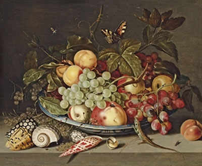 Peaches, grapes, a pear, and white currants in a wan-li kraak porcelain dish, with shells, a lizard and a butterfly on a ledge