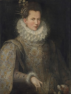 Portrait of a lady, half-length, in an embroidered gown and white collar, with a dog