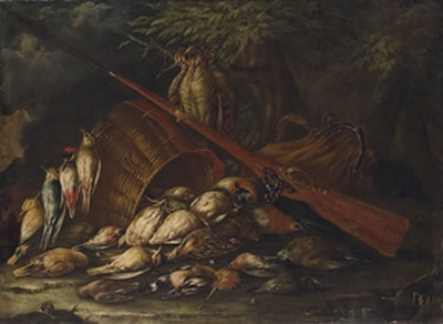 Still life with dowitcher, hoopoe, woodpecker, yellowhammer and other game birds, a hunting bag and a gun, on a forest floor