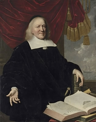 Portrait of Hendrik Thiebaut, three-quarter-length, in black, his left hand resting on a copy of the Bible, an open copy of Annales et Histoires des Troubles du Pais-Bas on the table in front of him, a draped curtain and coastal landscape beyond