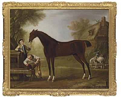 Flying Childers held by a groom, with other figures, in a landscape with a cottage beyond
