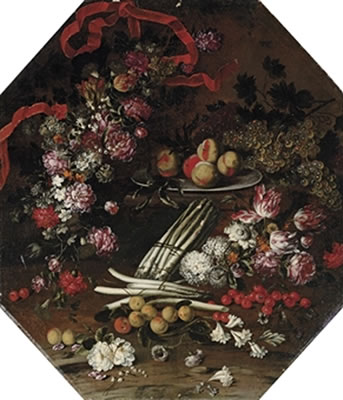 Asparagus, cherries, peaches and flowers on a wooden ledge