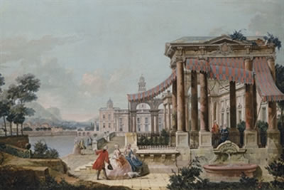 A capriccio of a neoclassical loggia on the embankment of a canal, the buildings of a town and a mountainous landscape beyond by Francesco Battaglioli - Auction record, sale price, and art valuation. Compare with similar artists and explore comparable artworks.