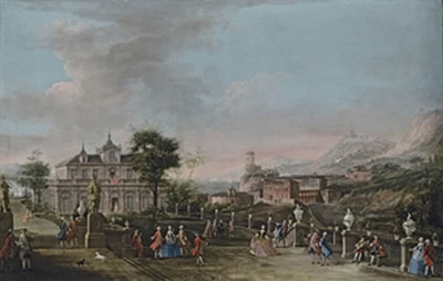 A capriccio with the garden of a seafront palace, a mountainous coastal landscape beyond