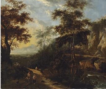 An extensive Italianate landscape with travelers on a wooded track