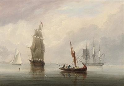 A three-masted merchantman in a light breeze off Avonmouth, with a Royal Navy frigate anchored and drying her sails offshore