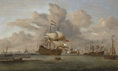A Dutch flagship receiving a salute as she arrives at the fleet anchorage