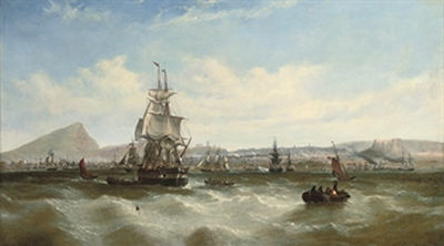 A merchantman preparing to leave her anchorage amidst other shipping off Leith, with a panorama of Edinburgh beyond