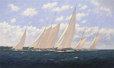 Storming the Cowes Roads, 1930: Astra leading with Westward, Candida, Britannia and Lulworth behind