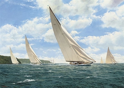 Astra (K2) leading the pack, including Britannia (K1) and Shamrock V (K3), off Cowes, with Sir Thomas Lipton's steam yacht Erin anchored in the bay beyond by Robert Moore - Auction record, sale price, and art valuation. Compare with similar artists and explore comparable artworks.