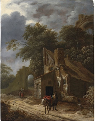 A muleteer on a track with cottages and a ruin beyond