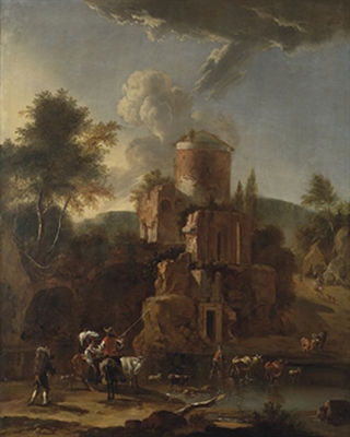 A mountainous river landscape with cattle drovers making a crossing by a ruined castle by Johannes Van der Bent - Auction record, sale price, and art valuation. Compare with similar artists and explore comparable artworks.