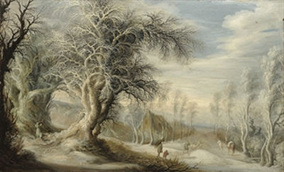 A winter landscape with a woodsman and travellers