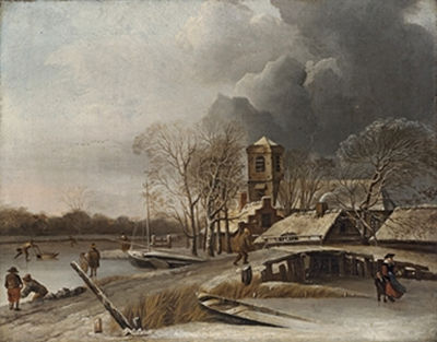 A winter landscape with figures skating, cottages and a church beyond