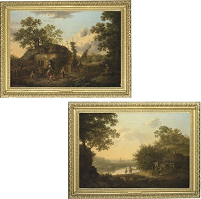 Hop Pickers, in a cottage yard; and Apple Pickers, by a stream, the Cathedral and City of Chichester beyond; A pair (2)