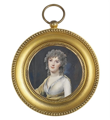 A young lady, in transparent white muslin dress with steel-blue silk border
