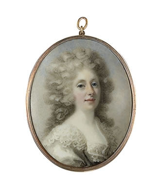 A young lady, in light grey dress with wide lace collar