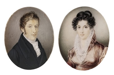 A pair of miniatures: a gentleman, in black coat and waistcoat AND a young lady in pink coat