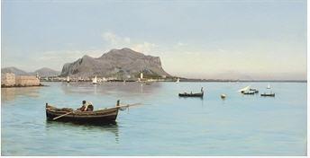 Fishermen before the Monte Pellegrino in Palermo, Sicily