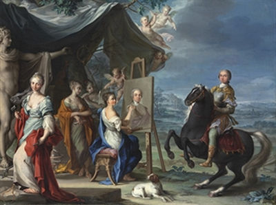 An equestrian portrait of a nobleman as Protector of the Arts, before personifications of Sculpture, Poetry, Music and Painting
