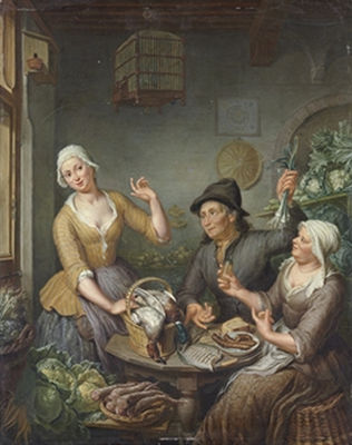 The interior of a grocer's shop, with the grocer and his wife presenting their wares, a birdcage above