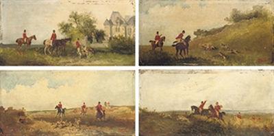 Huntsmen before a country house; On the scent; Gone to ground; and The kill (4)