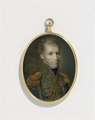 A young General or Marshal, in blue uniform with gold laurel embroidery and buttons, gold epaulettes and aiguillettes, black stock, white linen shirt with stand-collar, wearing the badge of the Imperial French Order of the Legion of Honour by Ferdinand Machera - Auction record, sale price, and art valuation. Compare with similar artists and explore comparable artworks.