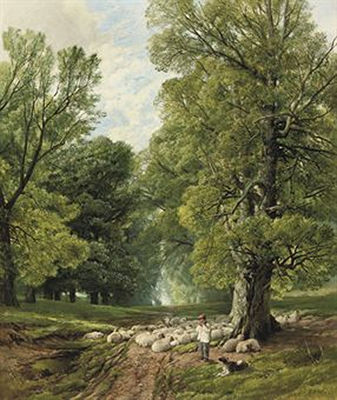 A Shepherd and his flock in a shady glade