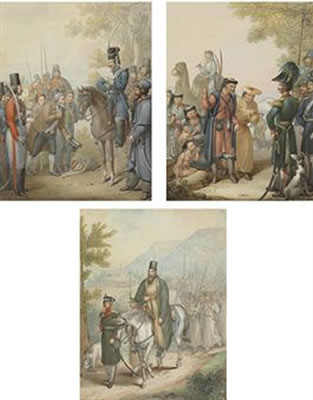 Russian Cossacks and a supplicant; Cossacks and Kalmyks; and Russian soldiers accompanying a priest on horseback