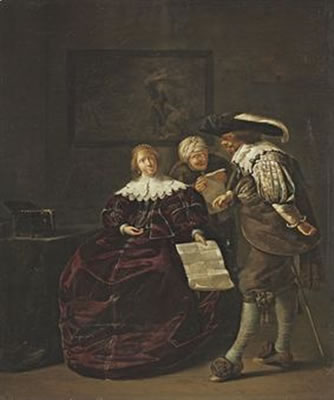 The contract: A lady presenting a letter to a gentleman, and an old lady studying another, in an interior by Jacob Duck - Auction record, sale price, and art valuation. Compare with similar artists and explore comparable artworks.