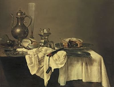 A blackberry pie, an upturned nautilus cup, a salt-cellar, a façon- de-Venise flute of wine, a silver ewer, an upturned roemer, hazelnuts, a silver knife and a knife-case, on a partly-draped table with pewter plates