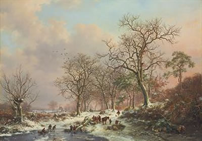 Wood gatherers in a winter landscape, with a castle beyond