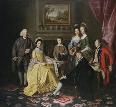 Group portrait of Sir James and Lady Hodges and their family, gathered around a table in an interior