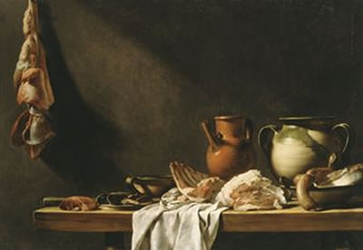 Table de cuisine: Earthenware jugs and meat on a partly-draped kitchen table by Nicolas-Henri Jeaurat de Bertry - Auction record, sale price, and art valuation. Compare with similar artists and explore comparable artworks.