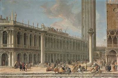 View of the Piazzetta of Saint Mark, Venice, looking north-west, with the Columns of Saint Mark and Saint Theodore, the Libreria, the Ducal Palace, the Logetta and the Campanile, and a glimpse of the Procuratie Vecchie beyond