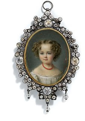 Emma Marie de Polignac (1858-1936), aged four, in white off-the-shoulder dress, coral necklace, dark curling hair