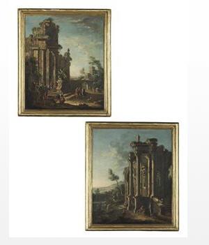 A capriccio landscape with a ruined temple and sculptural monuments, with figures collecting water from a fountain and a town beyond; and A capriccio landscape with a ruined temple by a river, cattle being taken to water near a cascade, a villa and mounta by Nicola Viso - Auction record, sale price, and art valuation. Compare with similar artists and explore comparable artworks.