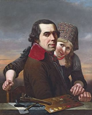 A portrait of the artist, half-length, seated, with a woman in traditional costume, at a parapet with a palette, brushes, a palette knife, a pencil and drawings