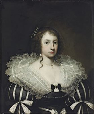 Portrait of a lady, bust-length, in a black-and-white dress with a lace collar, with a pearl necklace, earrings and ribbons in her hair