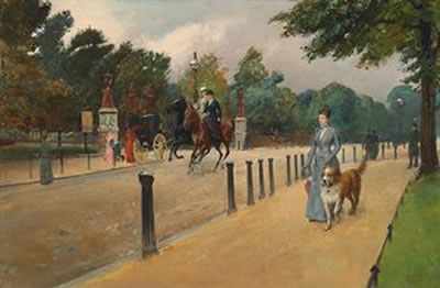 A view of West Carriage Drive, Hyde Park, looking onto the Coalbrookdale Gate