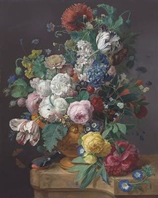 Tulips, peonies, daffodils and other flowers in a terracotta vase, on a stone ledge, with a bullfinch