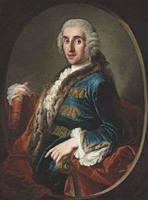 Portrait of a gentleman, half-length, in a fur-trimmed and gold-embroidered blue satin coat, holding a book, in a sculpted oval