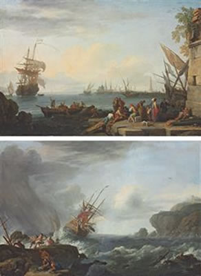 A Mediterranean harbour with sailors loading a boat, a Genoese man-of-war; and A British man-of-war in rough; a pair (2)