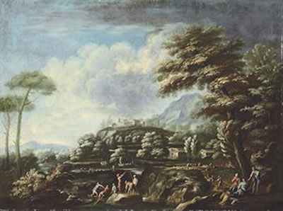 A wooded landscape with fishermen, boats and houses, mountains beyond