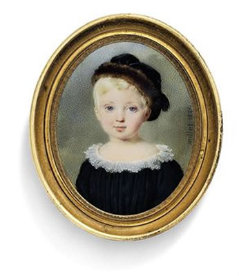 A young boy, in black dress, frilled lace collar, wearing a fur-bordered black velvet hat with black tassel, blonde hair, blue eyes, cloudy sky background