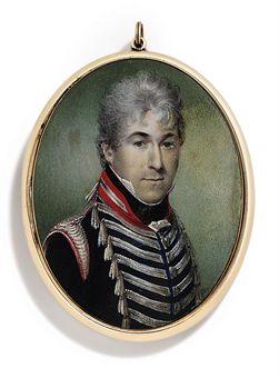 A young officer, probably of the Yeomanry or Volunteer Cavalry, in dark blue coat faced red with silver braid loops terminating in tassels, red-trimmed collar and epaulettes, black stock, powdered hair worn à l'antique