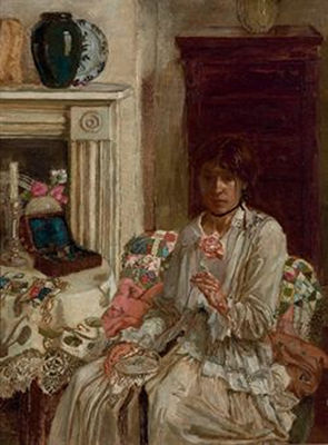 Portrait of Noel Laura Nisbet: Self-portrait, sewing in an interior at Bath Cottage, Speen, Berkshire, circa 1918