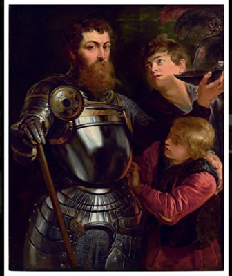 Portrait of a commander, three-quarter-length, being dressed for battle